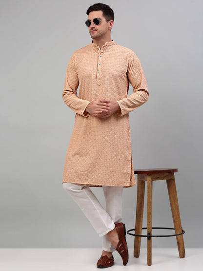 Jompers Men's Peach Chikankari Embroidered and Sequence Kurta Only