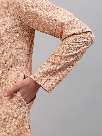 Jompers Men's Peach Chikankari Embroidered and Sequence Kurta Only