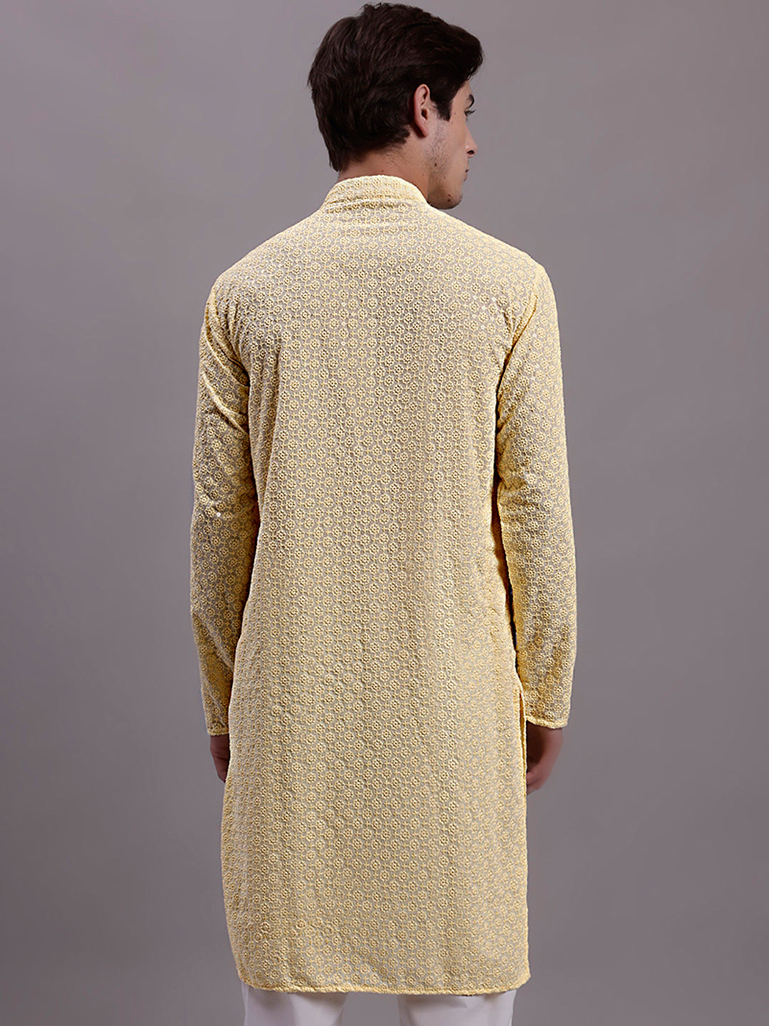 Jompers Men's Yellow Chikankari Embroidered and Sequence Kurta