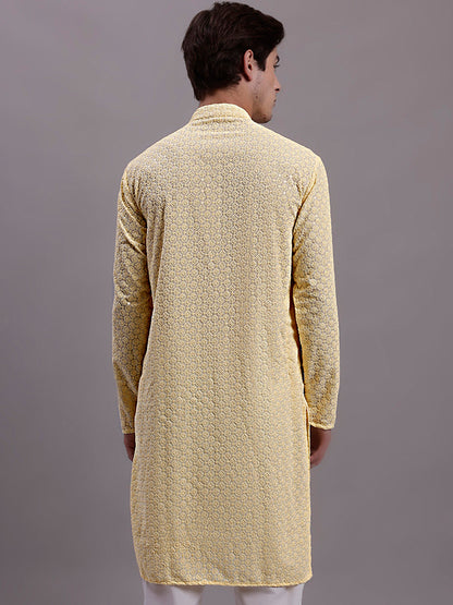 Jompers Men's Yellow Chikankari Embroidered and Sequence Kurta