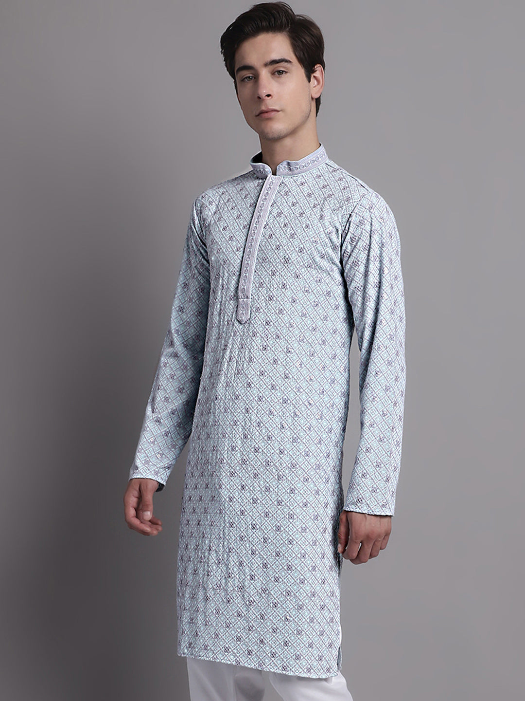 Jompers Men's Blue Chikankari Embroidered and Sequence Kurta