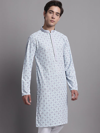 Jompers Men's Blue Chikankari Embroidered and Sequence Kurta