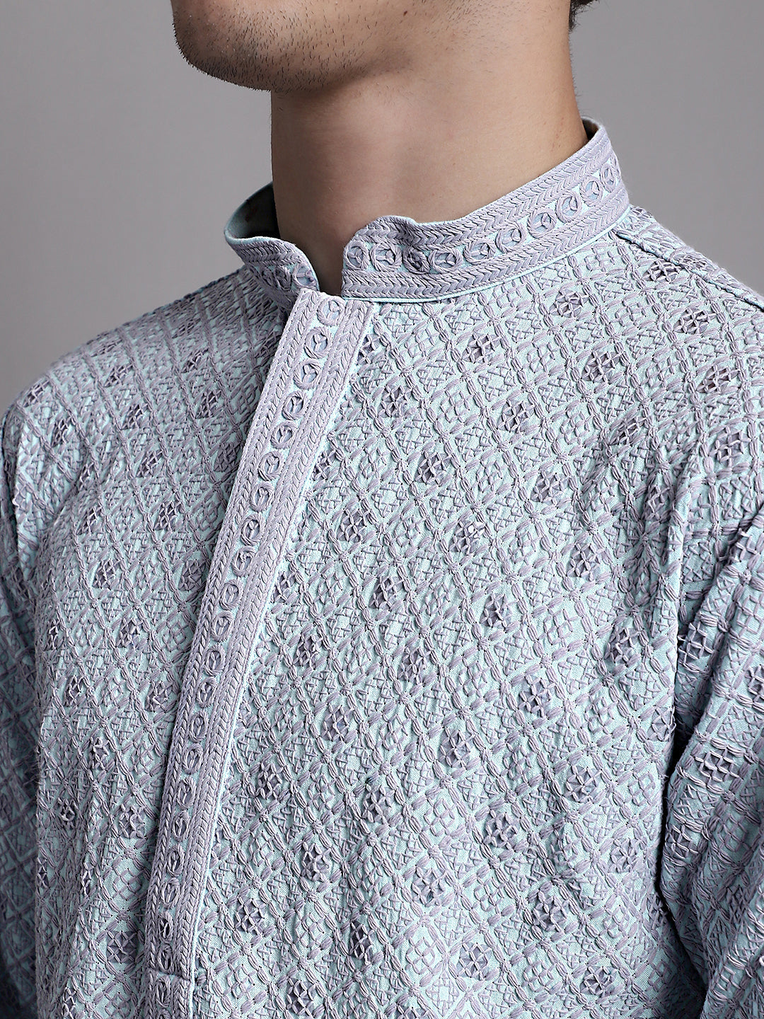 Jompers Men's Blue Chikankari Embroidered and Sequence Kurta