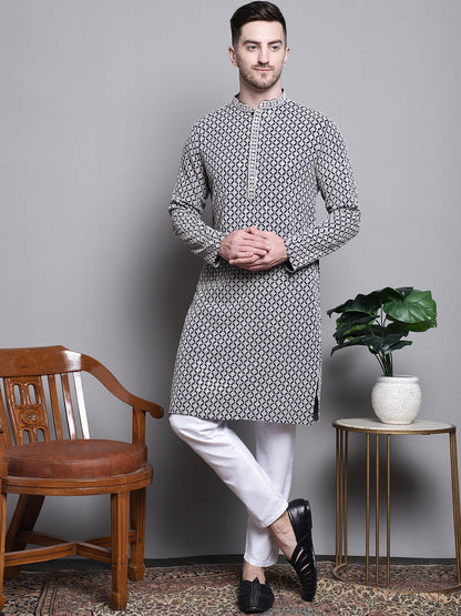 Jompers Men's Sequin Embroidered Pure Cotton Kurta - Navy Blue