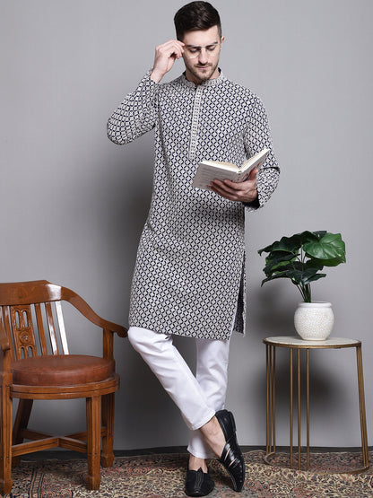 Jompers Men's Sequin Embroidered Pure Cotton Kurta - Navy Blue