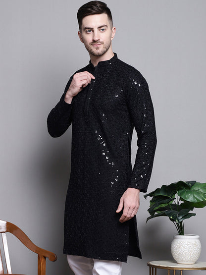Jompers Men's Sequin Embroidered Pure Cotton Kurta - Black