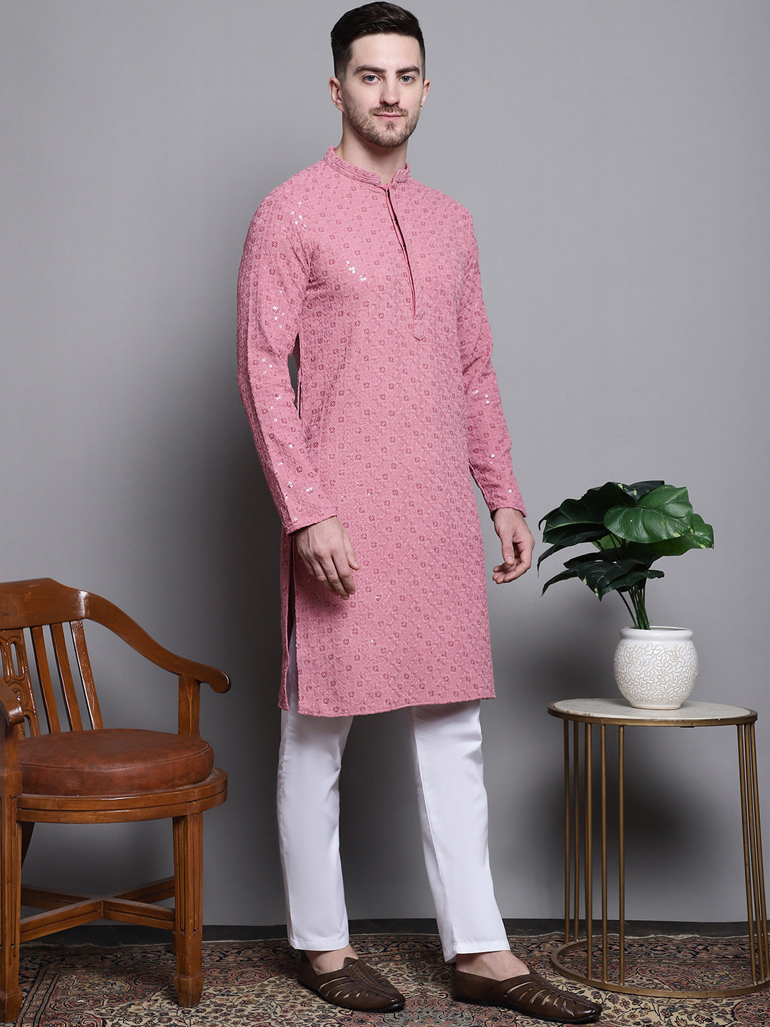 Jompers Men's Sequin Embroidered Pure Cotton Kurta - Coral