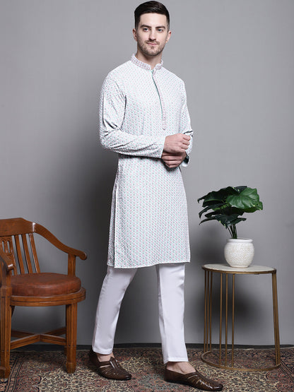 Jompers Men's Sequin Embroidered Pure Cotton Kurta - Blue