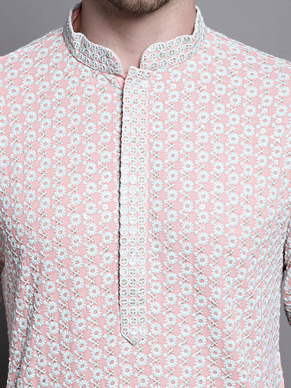 Jompers Men's Sequin Embroidered Pure Cotton Kurta - Peach