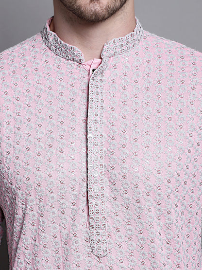Jompers Men's Sequin Embroidered Pure Cotton Kurta - Pink