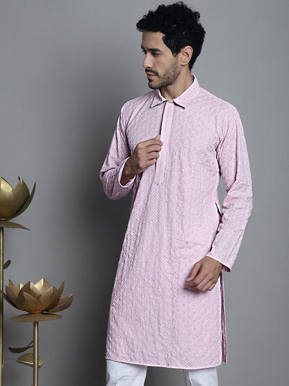 Jompers Men's Chikankari Embroidered and Sequence Kurta Only - Magenta