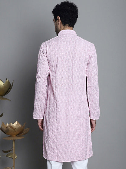 Jompers Men's Chikankari Embroidered and Sequence Kurta Only - Magenta