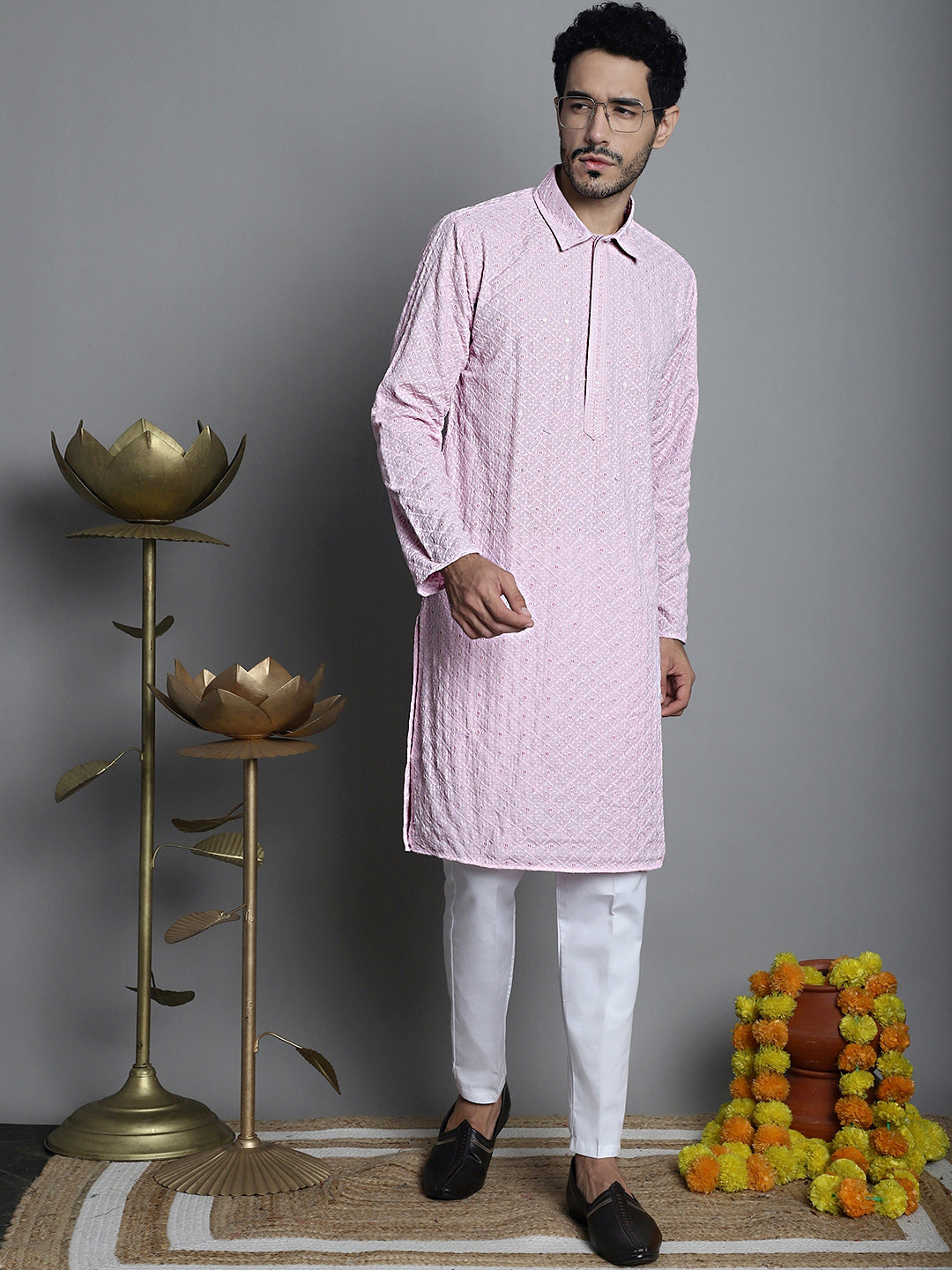 Jompers Men's Chikankari Embroidered and Sequence Kurta Only - Magenta