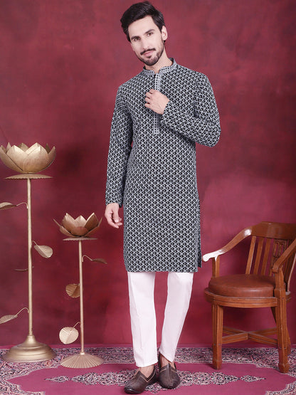 Jompers Men's Sequins Embroidered Kurta - Grey
