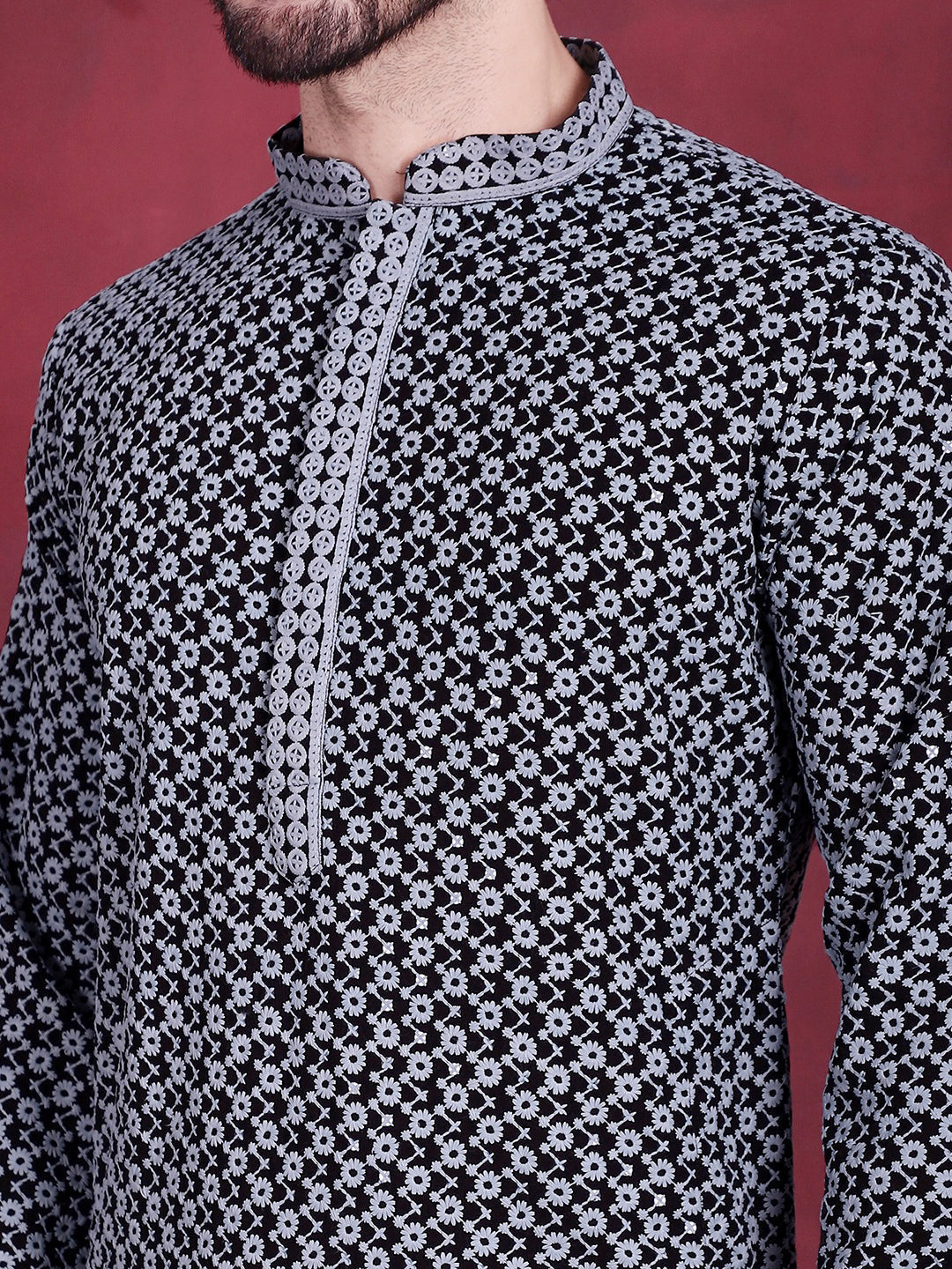 Jompers Men's Sequins Embroidered Kurta - Grey