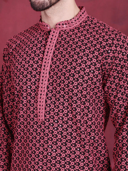 Jompers Men's Sequins Embroidered Kurta - Magenta