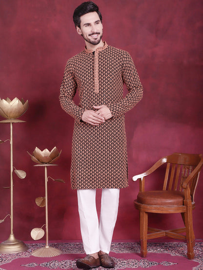 Jompers Men's Sequins Embroidered Kurta - Orange