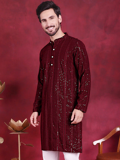 Jompers Men's Sequins Chikankari Embroidered Kurta - Maroon