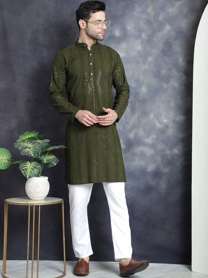Jompers Men's Sequins Chikankari Embroidered Kurta - Mehndi
