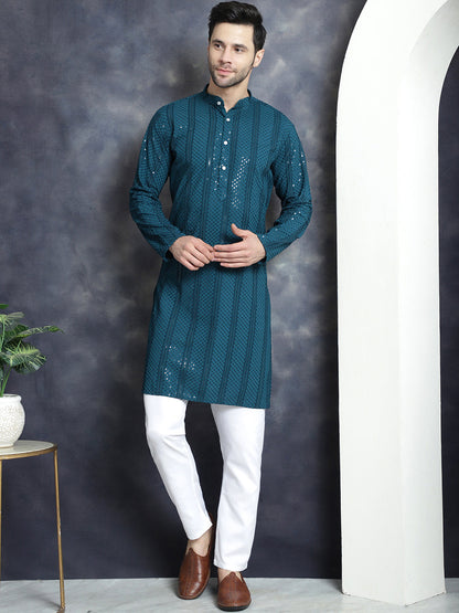 Jompers Men's Sequins Chikankari Embroidered Kurta - Peacock