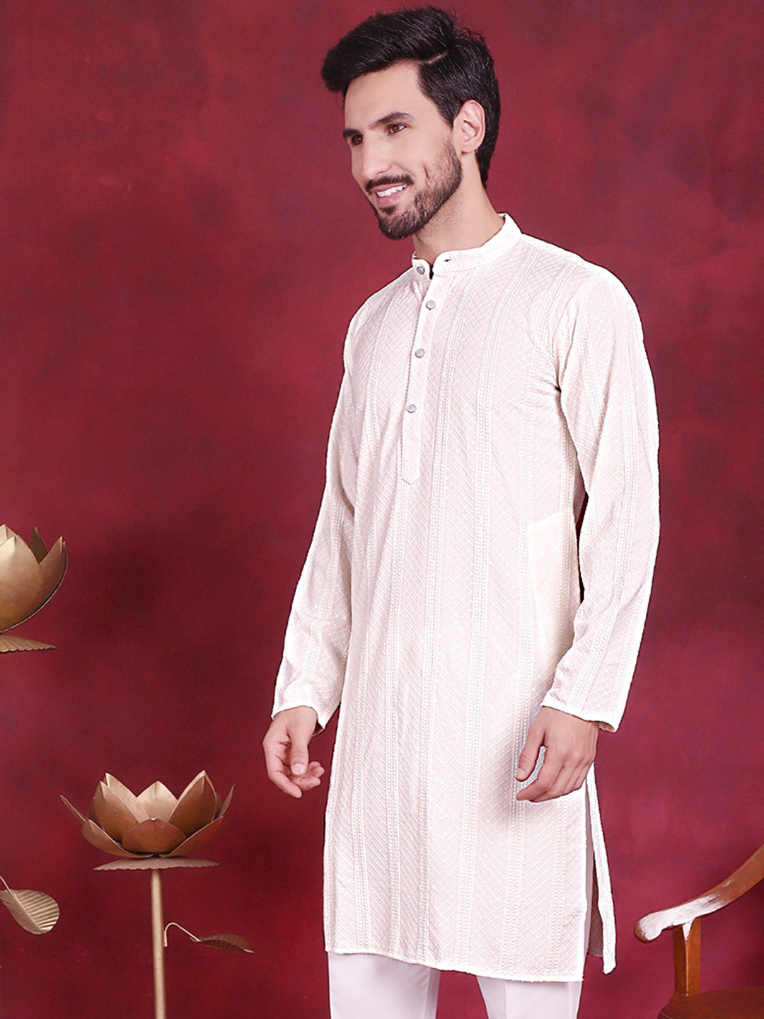 Jompers Men's Sequins Chikankari Embroidered Kurta - White