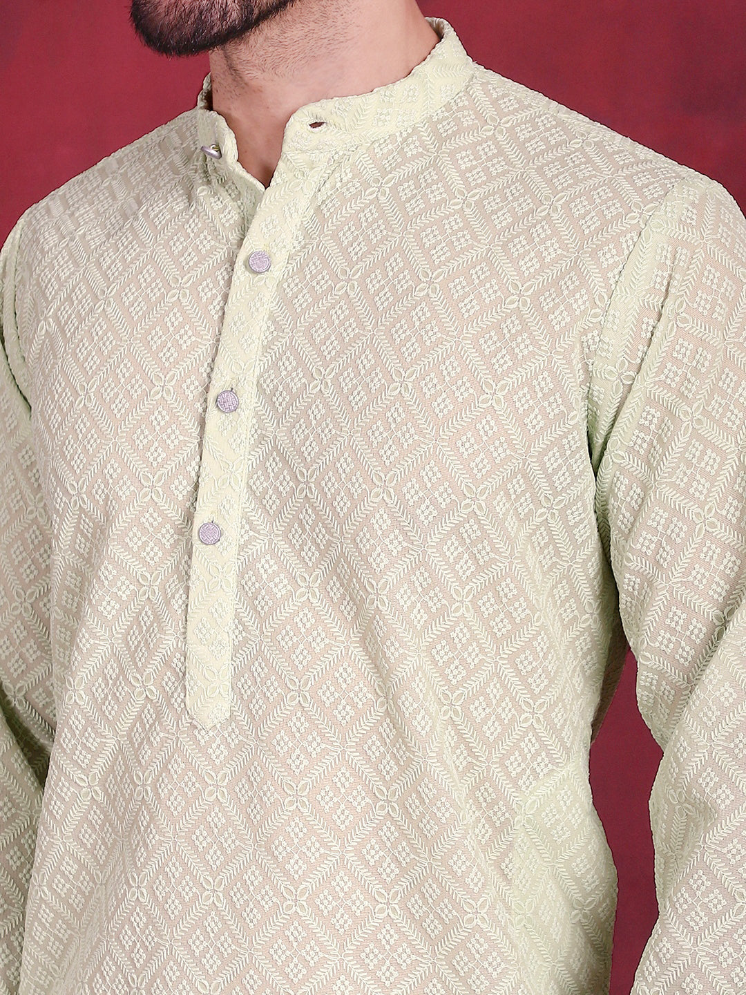 Jompers Men's Chikankari Embroidered Kurta - Pista