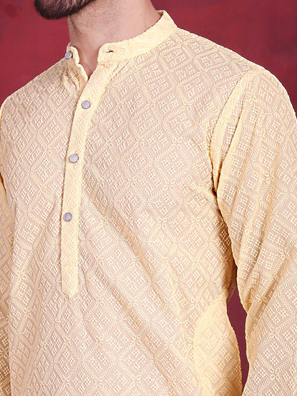 Jompers Men's Chikankari Embroidered Kurta - Yellow