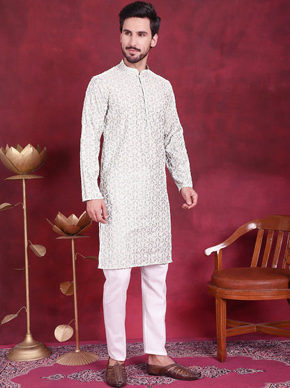 Jompers Men's Chikankari Embroidered Kurta - Pista
