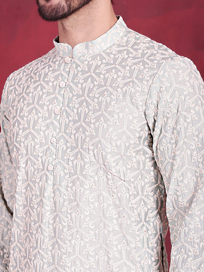 Jompers Men's Chikankari Embroidered Kurta - Pista