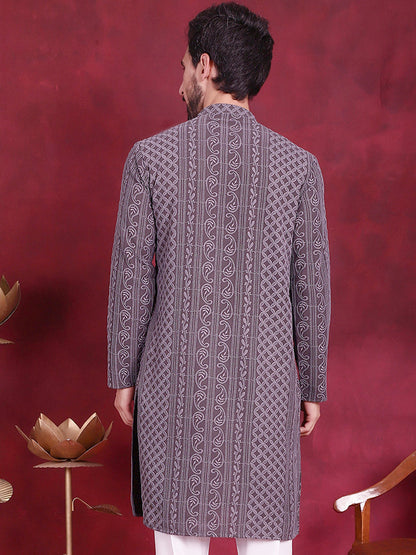 Jompers Men's Chikankari Embroidered Kurta - Grey