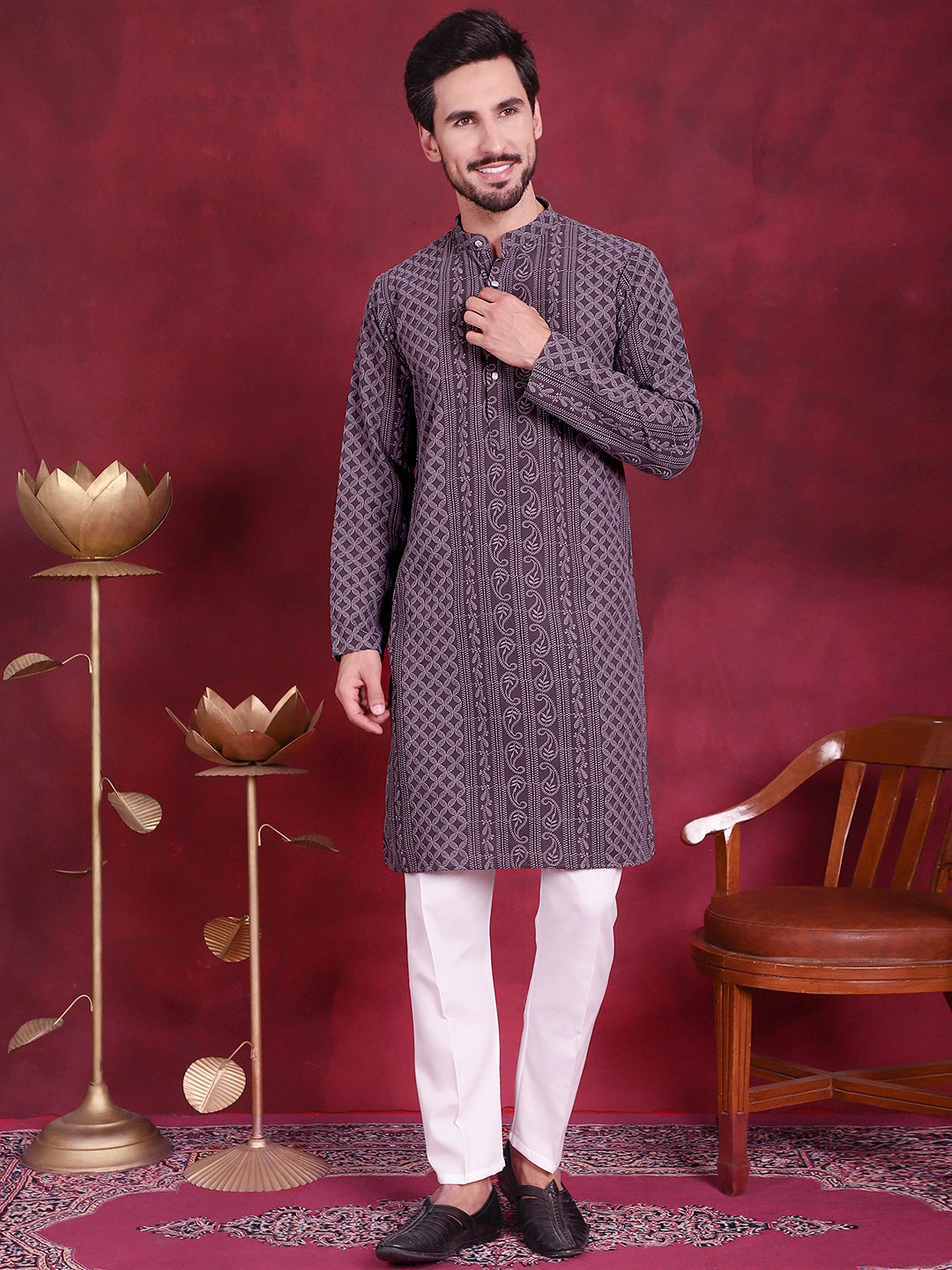 Jompers Men's Chikankari Embroidered Kurta - Grey