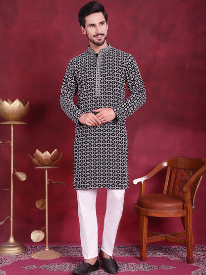 Jompers Men's Sequins Embroidered Kurta - Grey