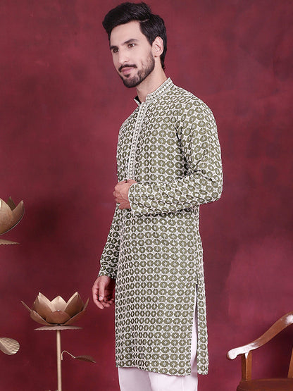 Jompers Men's Sequins Embroidered Kurta - Mehndi
