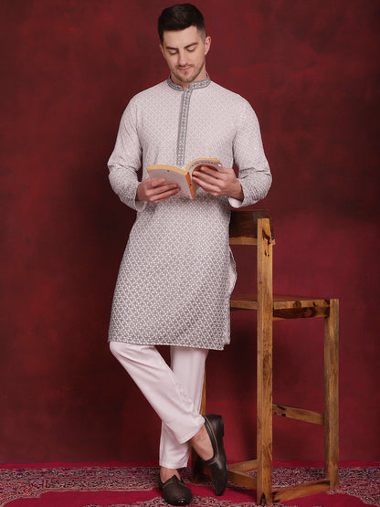 Jompers Men's Sequins Embroidered Kurta - Grey
