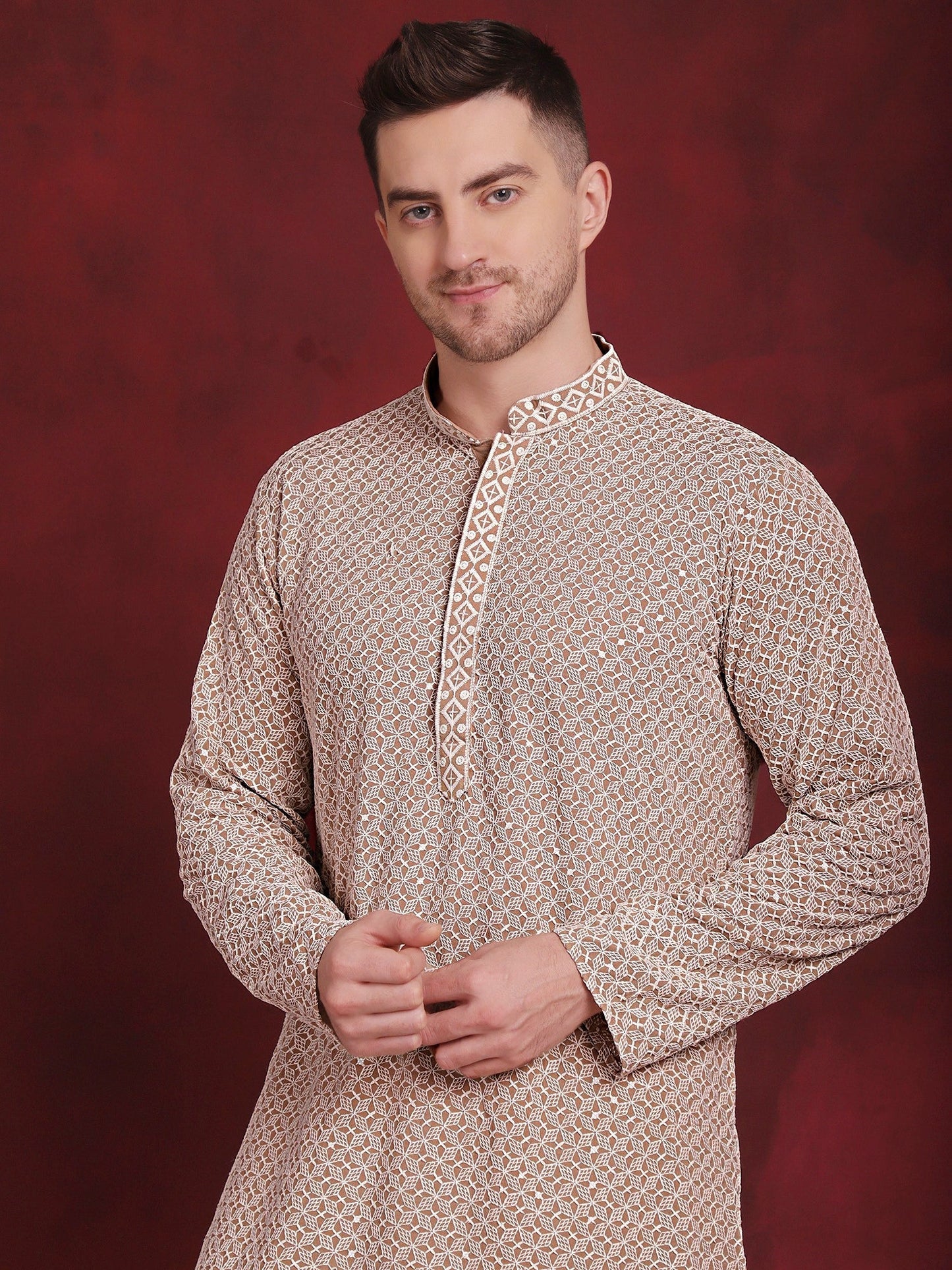 Jompers Men's Sequin Embroidered Pure Cotton Kurta - Beige