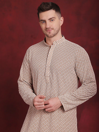 Jompers Men's Sequin Embroidered Pure Cotton Kurta - Beige