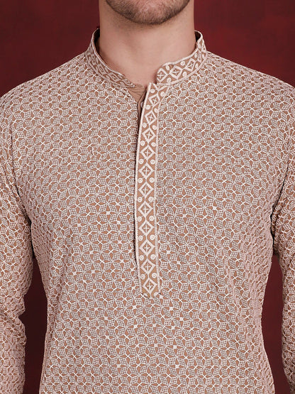 Jompers Men's Sequin Embroidered Pure Cotton Kurta - Beige