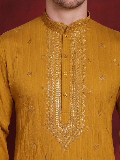 Jompers Men's Sequins Embroidered Kurta - Mustard