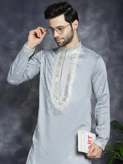 Jompers Men's Sequins Embroidered Kurta - Grey