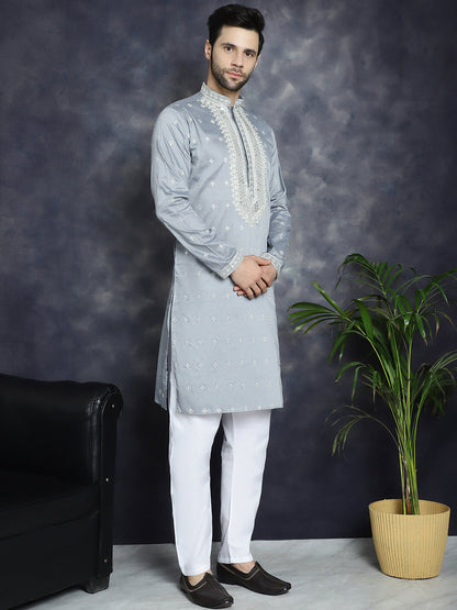 Jompers Men's Sequins Embroidered Kurta - Grey
