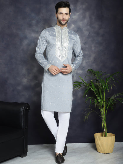 Jompers Men's Sequins Embroidered Kurta - Grey