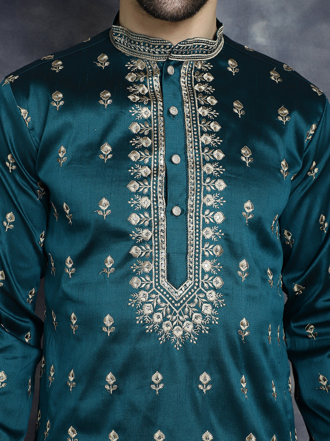 Jompers Men's Peacock Blue Chikankari Embroidered Kurta - Peacock