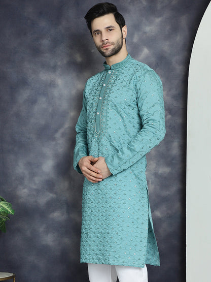 Jompers Men's Sequins Embroidered Kurta - Blue