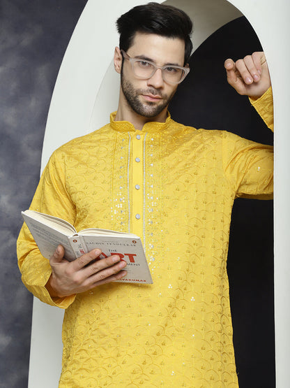 Jompers Men's Sequins Embroidered Kurta - Mustard