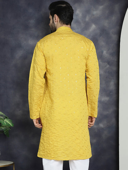 Jompers Men's Sequins Embroidered Kurta - Mustard