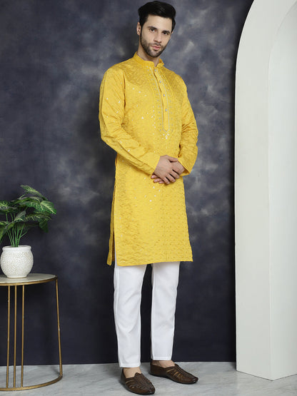 Jompers Men's Sequins Embroidered Kurta - Mustard