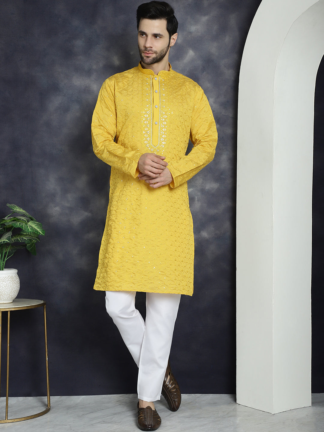 Jompers Men's Sequins Embroidered Kurta - Mustard