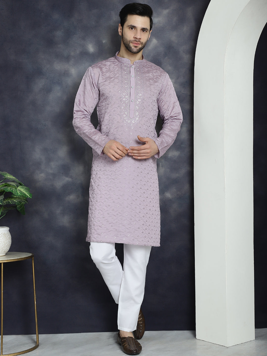 Jompers Men's Sequins Embroidered Kurta - Purple