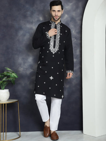 Jompers Men's Embroidered Kurta - Black