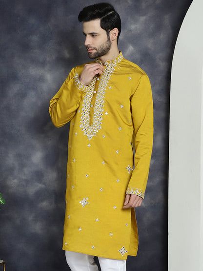 Jompers Men's Embroidered Kurta - Mustard